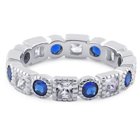925 STERLING SILVER Blue Spinel & Clear CZ Bezel Set Eternity Band Ring - Picture 14 of 14